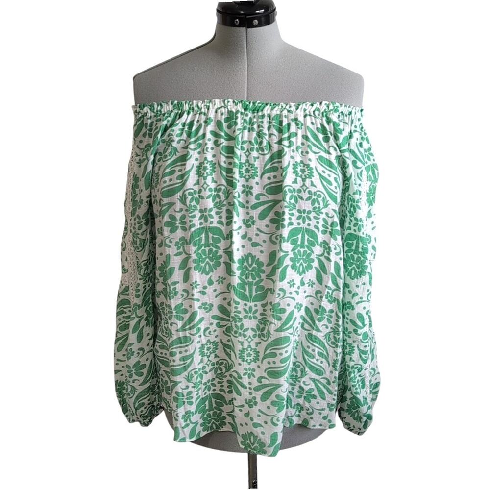 Hope & Harlow Green & White Print Off-The-Shoulder Top Large Casual Flirty Boho